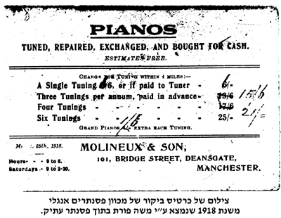 תמונה ובה ניראה צילום של כרטיס ביקור של מכוון פסנתרים אנגלי משנת 1918 שנמצא על ידי משה פורת בתוך פסנתר עתיק.
